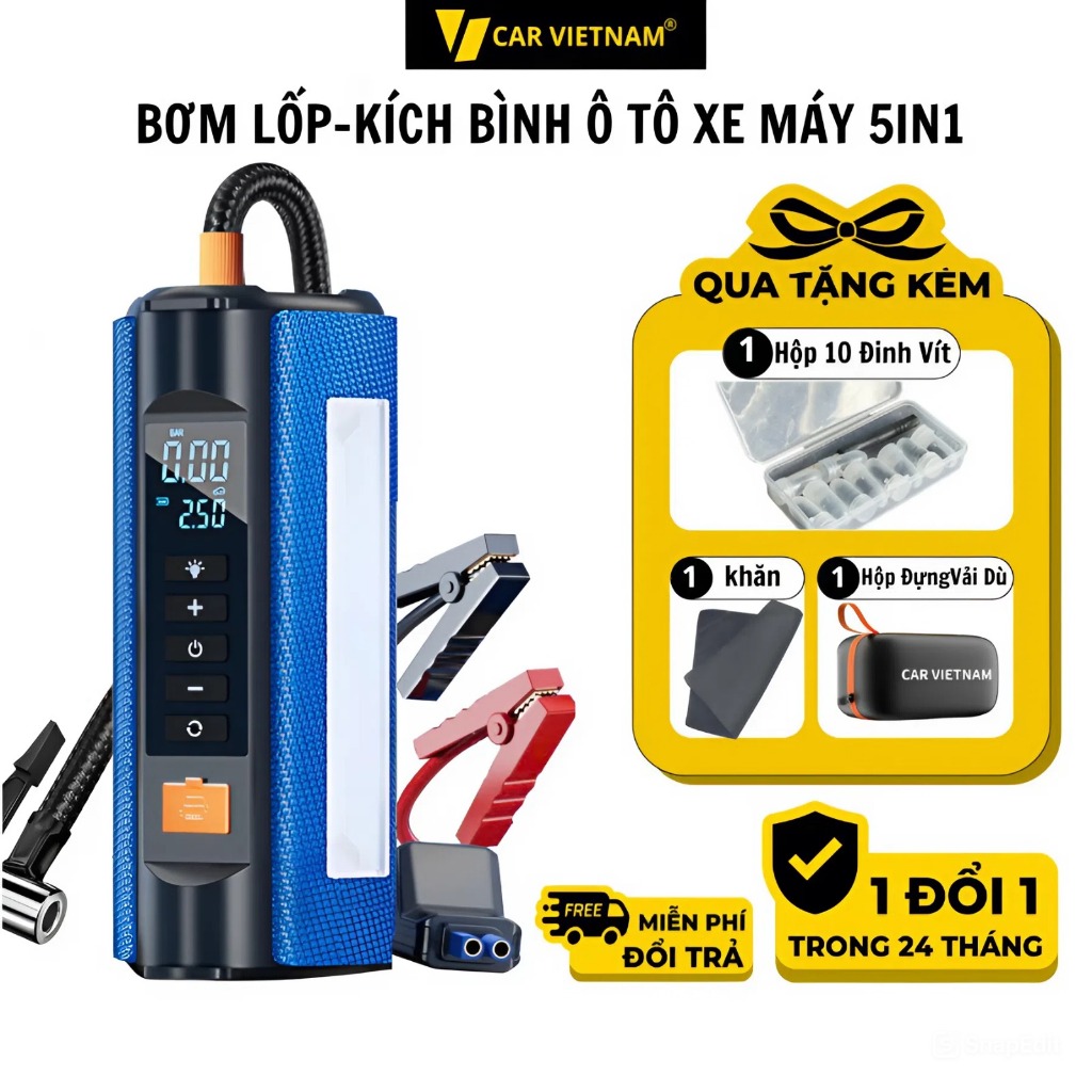 Bộ Kích Bình Bơm Lốp Ô tô, Xe Máy 5in1 CAR VIETNAM 12V