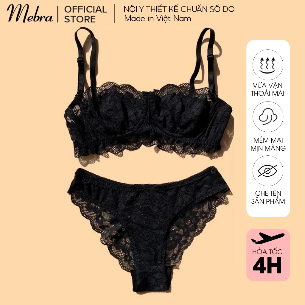 EMILY | Set Đồ Lót Ren Đen Cup Ngang Áo Ngực Không Mút Có Gọng Nâng Nhẹ Ngực Gợi Cảm Quần Lót Ren Gợi Cảm Mebra | BigBuy360 - bigbuy360.vn
