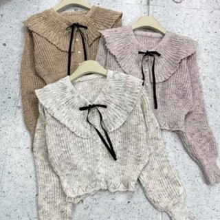  556 BIGGSIZE Áo len nữ dài tay cổ bèo đính đá buộc nơ hàng cúc ngọc 