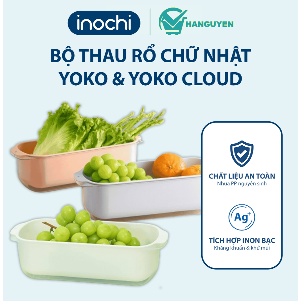 Bộ thau rổ chữ nhật Yoko & Yoko Cloud Inochi - kháng khuẩn Ag+, thoát nước nhanh, tiện lợi dễ vệ sin