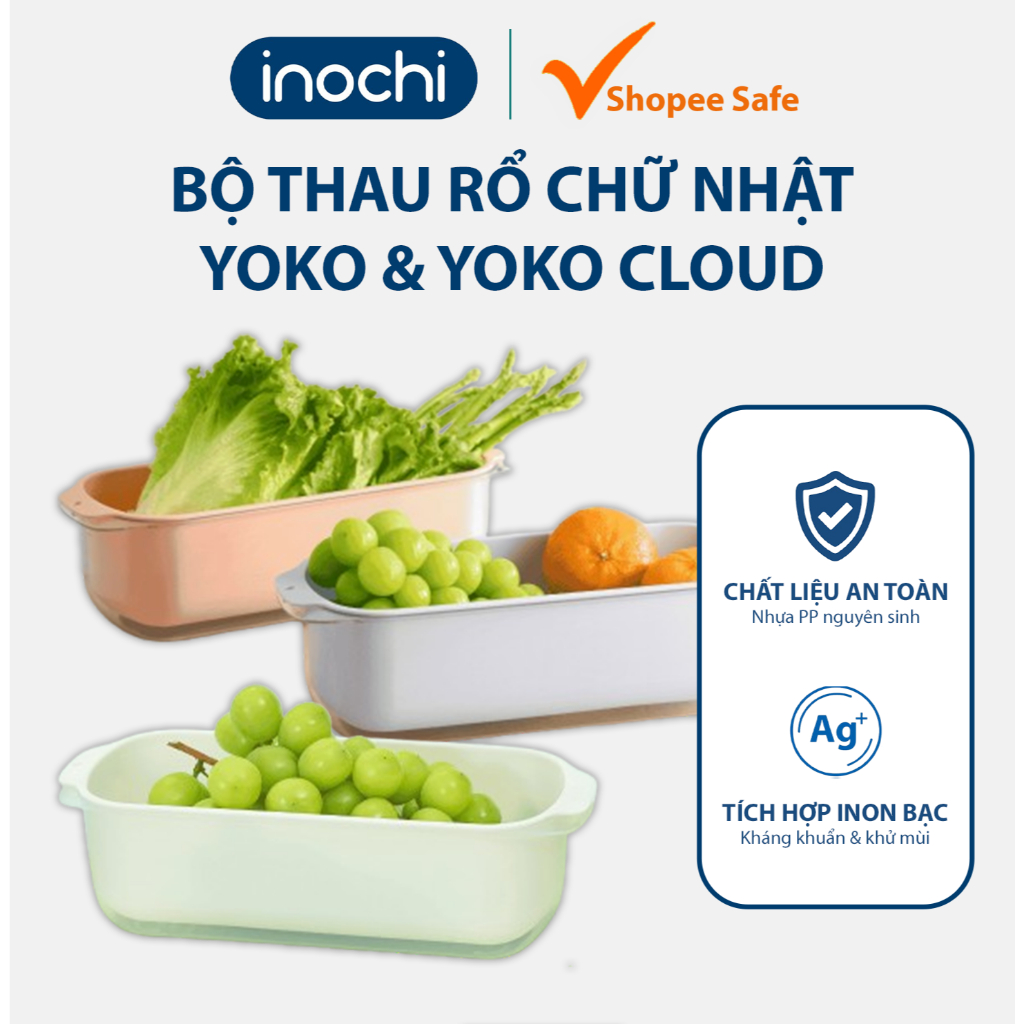 Bộ thau rổ chữ nhật Yoko, Yoko Cloud Inochi nhựa PP kháng khuẩn tiện dụng ráo nước bền đẹp