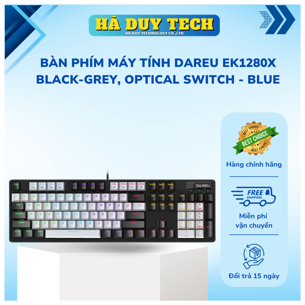 Bàn phím máy tính DAREU EK1280X Black-grey, Optical switch -BLUE - Chính Hãng - BH 12T - Hà Duy Tech