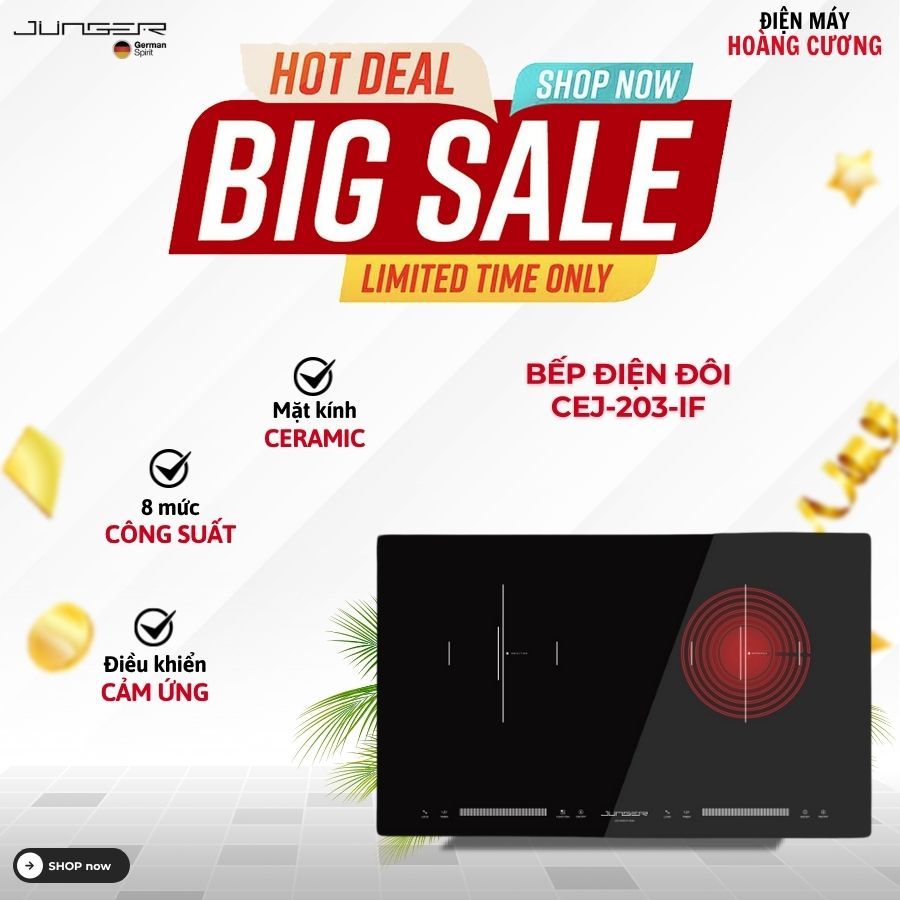 BẾP ĐIỆN ĐÔI JUNGER CEJ-203-IF – Bảo hành chính hãng, Tặng Bộ nồi inox 5 chi tiết Junger CWJ-050