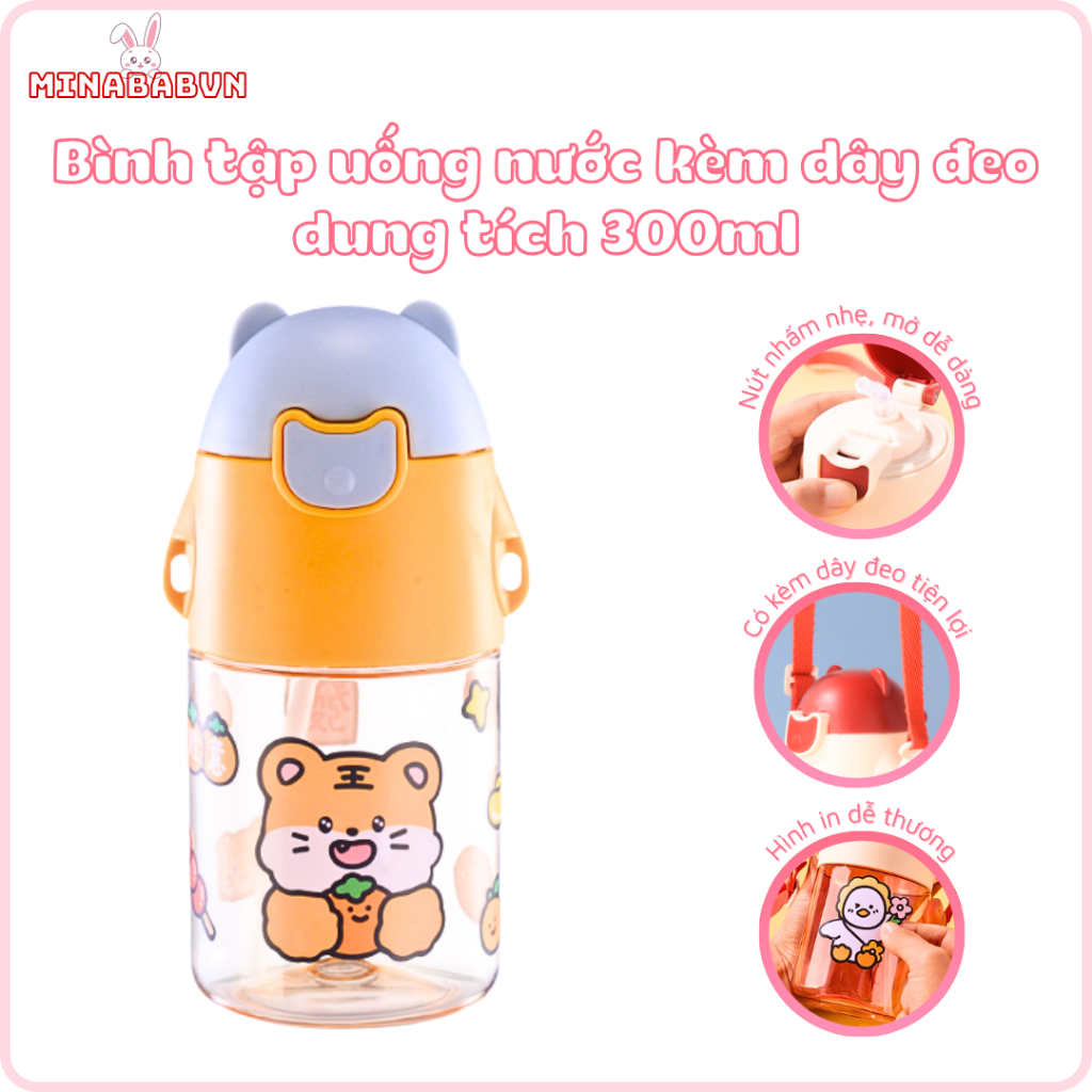 Bình tập uống nước dung tích 300ml, Bình tập hút cho bé kèm dây đeo tiện lợi dán sticker siêu đáng y