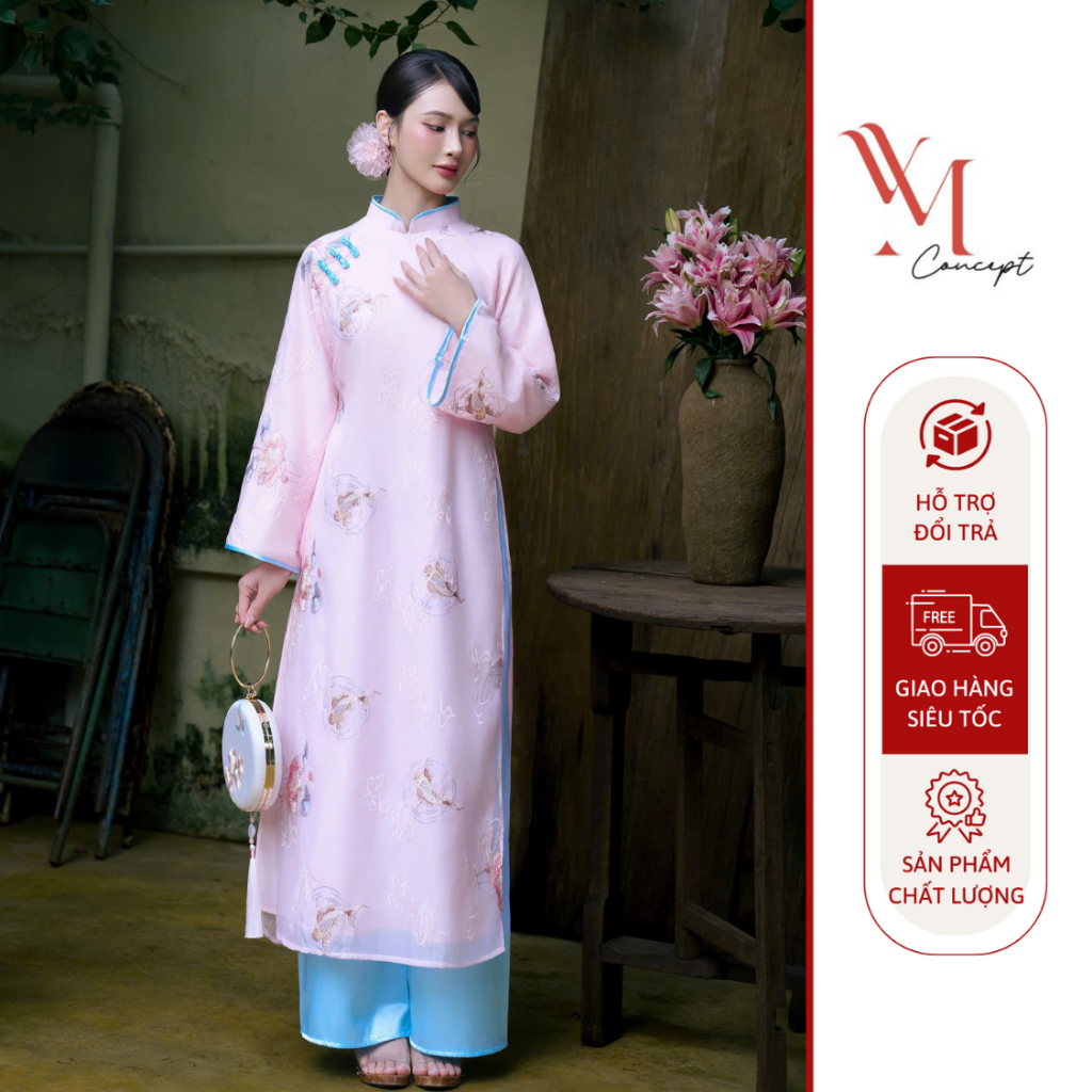 YM Concept Áo Dài Sen Ngư Dáng Suông Tay Dài Phối Nút Tàu Kèm Quần Thanh Lịch AD1469