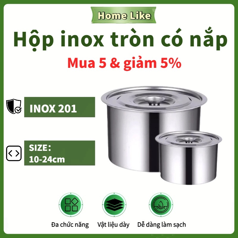 Hộp inox tròn có nắp, thố inox đựng mỡ, gia vị, nấu được trên bếp từ, gas Cậu Chủ Nhỏ