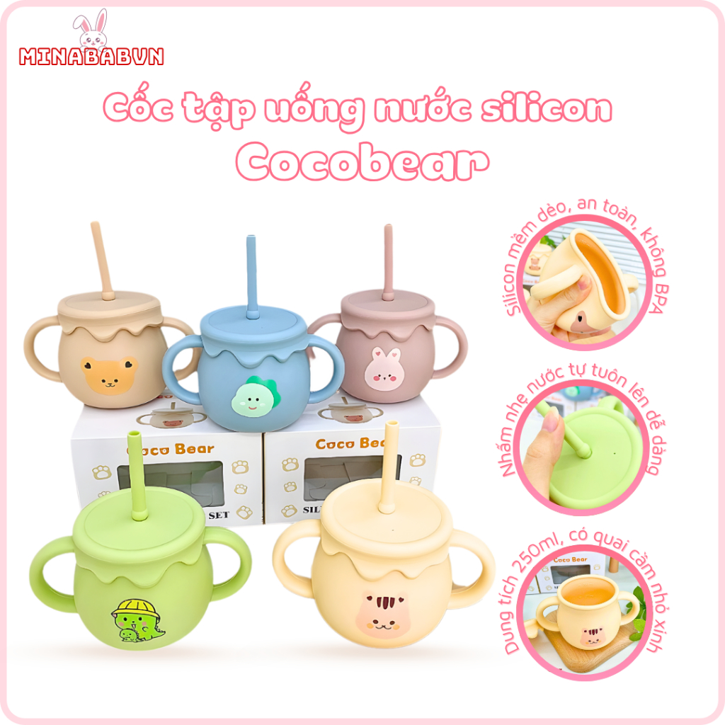 Cốc tập uống nước silicon Cocobear, Cốc tập uống nước chức năng đẩy nắp đậy tiện lợi
