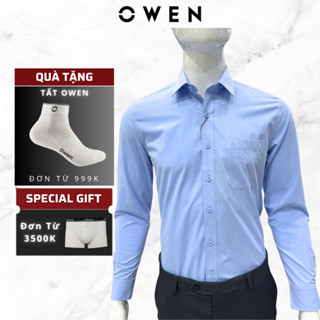  Áo Sơ Mi Nam Dài Tay Owen  AR250360DT Màu xanh sọc Dáng Regular Fit Có Túi Chất Liệu Bamboo mềm mại 