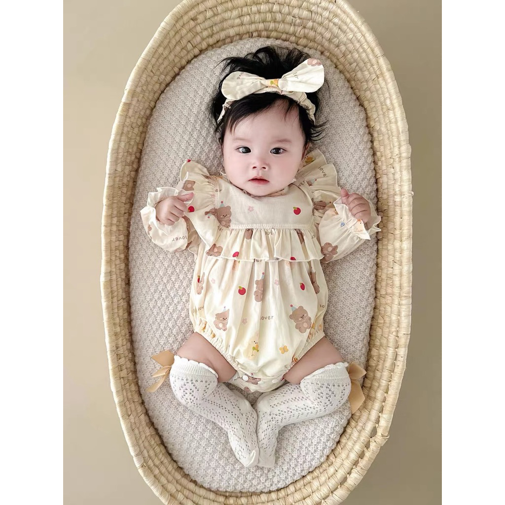 Bodysuit cho bé gái SUSHI BABY SHOP đồ liền thân sơ sinh hoạ tiết gấu kèm băng đô nơ dài tay váy thu