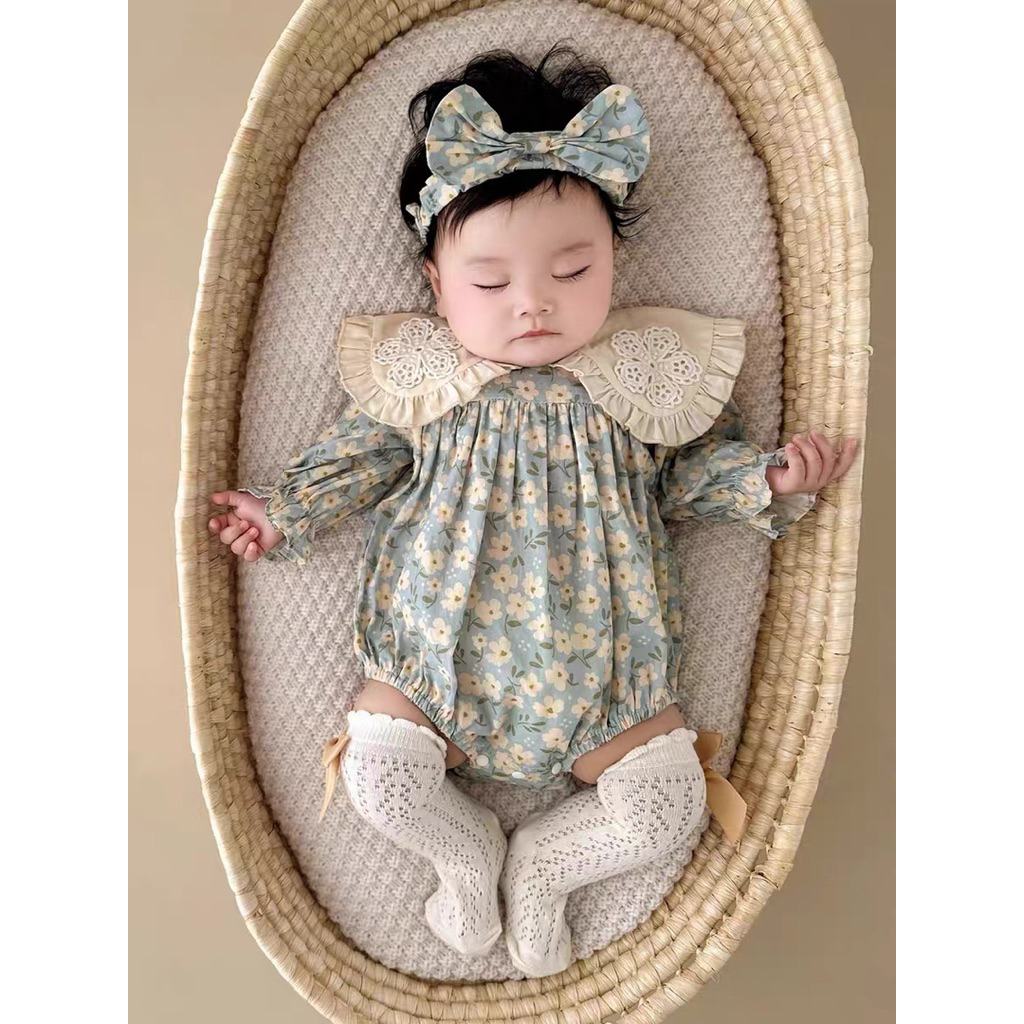 Bodysuit cho bé gái SUSHI BABY SHOP đồ liền thân sơ sinh hoa xanh kèm băng đô nơ dài tay váy thu đôn