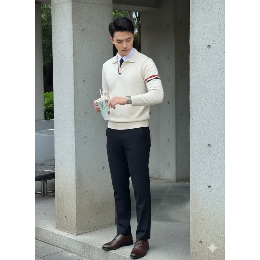 Áo Polo dệt kim RYOMA dài tay cao cấp, chất len lông thỏ mềm mại kiểu dáng classic kẻ tay sang trọng NLH-10 | BigBuy360 - bigbuy360.vn