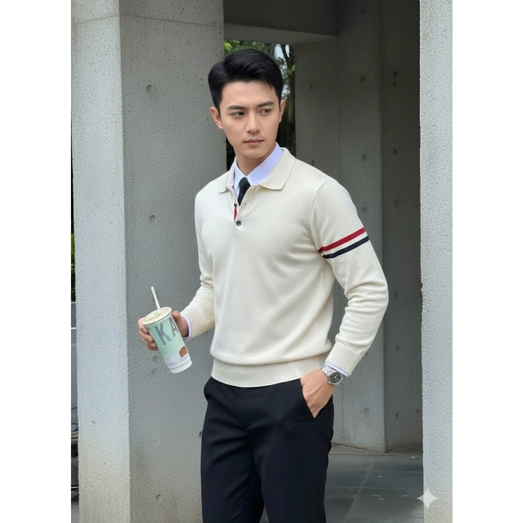 Áo Polo dệt kim RYOMA dài tay cao cấp, chất len lông thỏ mềm mại kiểu dáng classic kẻ tay sang trọng NLH-10 | BigBuy360 - bigbuy360.vn