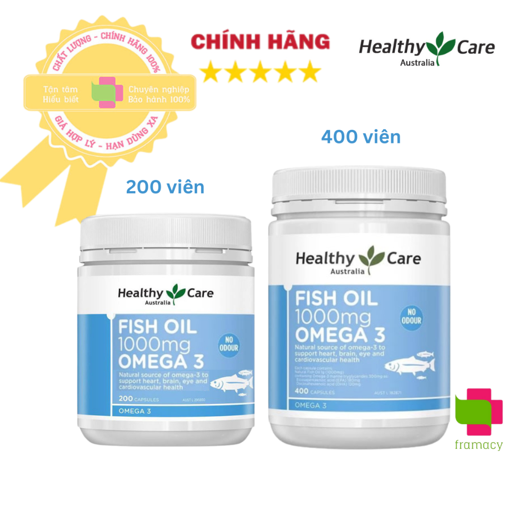Dầu cá Healthy Care Fish Oil Omega 3 1000mg, Úc (400v/200V) bổ sung DHA, tốt cho xương khớp cho người từ 6 tuổi trở lên