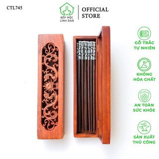 Hộp đựng đũa bằng gỗ Hương chạm khảm hình Song Long Chầu Nhật HAHANCO [CTL745_Rồng]