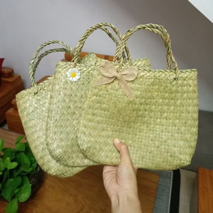 (N25*C20cm) Túi xách cỏ size nhỏ gọn ( túi rơm) giỏ đệm lát khô  đan thủ công, túi cói du lịch, du lịch Lễ Tết