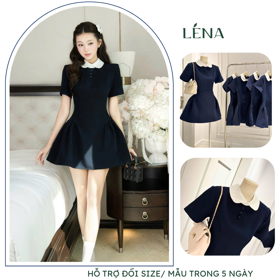 (CÓ BIGSIZE) Váy tiểu thư cổ sen chiết eo, Đầm công sở dáng xòe tay ngắn Basic thanh lịch LENA 3151