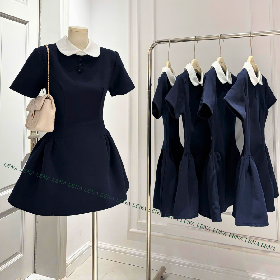 (CÓ BIGSIZE) Váy tiểu thư cổ sen chiết eo, Đầm công sở dáng xòe tay ngắn Basic thanh lịch LENA 3151 | BigBuy360 - bigbuy360.vn