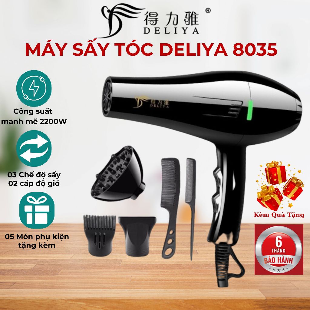 [Hàng mới về] Máy Sấy Tóc DELIYA 8035  Công Suất Lớn 2200W 03 Chế độ sấy, 02 cấp gió- Tặng Kèm 5 Phụ Kiện Chuyên Nghiệp