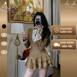  Ann Ann Clothing- Đầm váy nữ màu nâu da lộn dài day cổ sơ mi chân váy tầng xoè kèm quần bảo hộ váy đi du lịch sang chảnh 