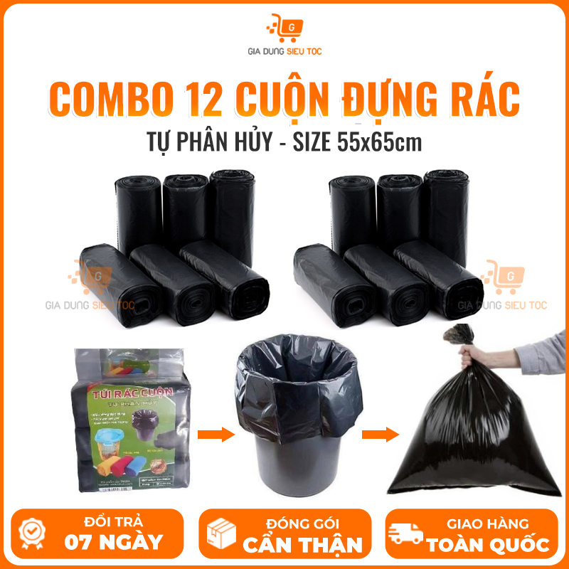 [Combo 12 cuộn] Túi đựng rác tự phân hủy màu đen không lõi size 5555cmx65cm, tụi đựng rác, túi rác