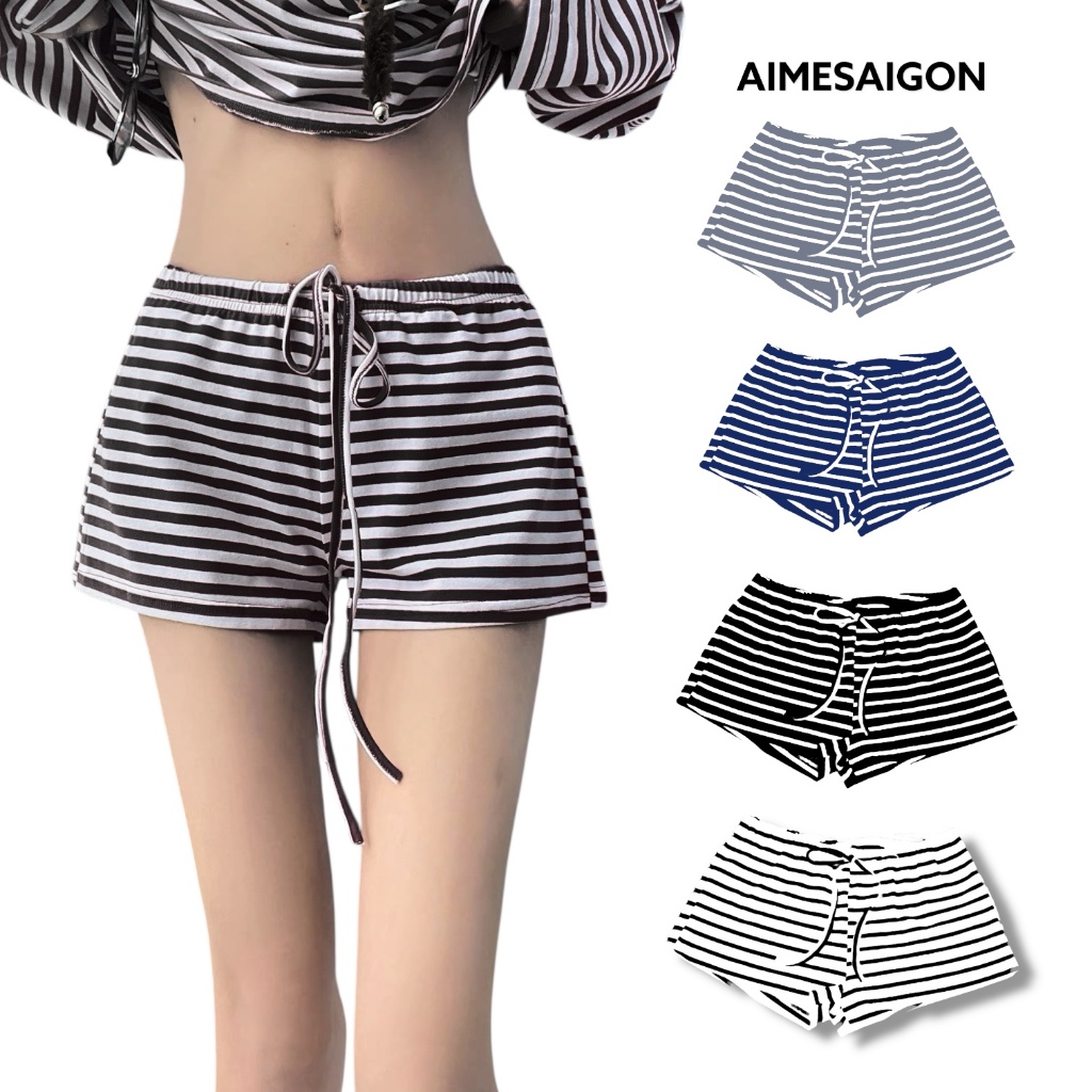 Quần Đùi Shorts Sọc Ngang AIMESAIGON Ôm Ngắn Dây Rút Eo Vải Thun Borip Cotton QC Mêm Freesize | BigBuy360 - bigbuy360.vn