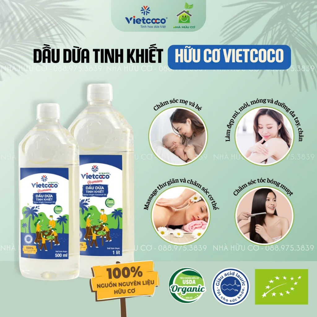 Dầu Dừa Tinh khiết Organic Vietcoco - 250ml-1 Lít : Nấu ăn ,làm bánh, dưỡng da, dưỡng tóc