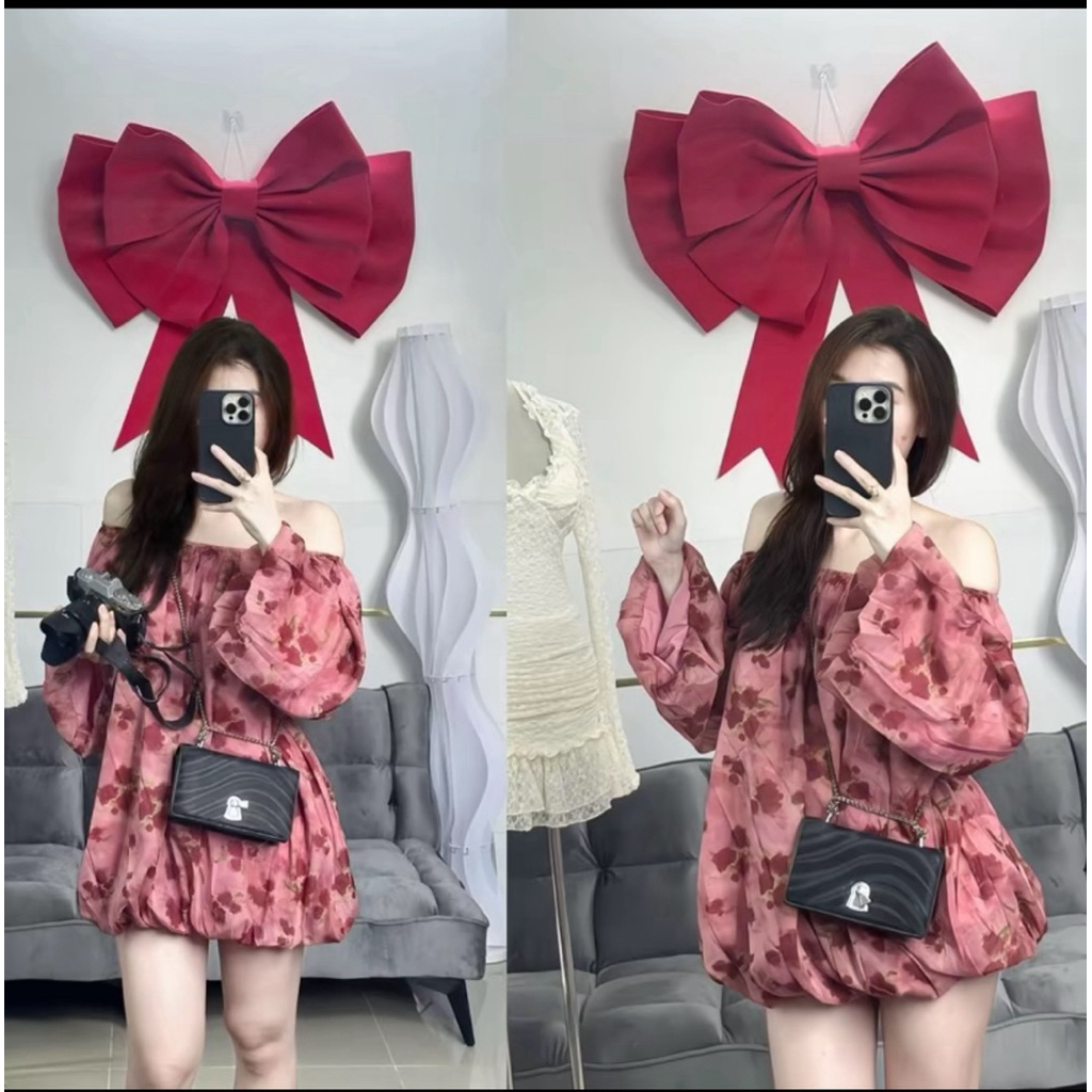 [PASS] Áo váy trễ vai dáng bí hoạ tiết hoa hồng