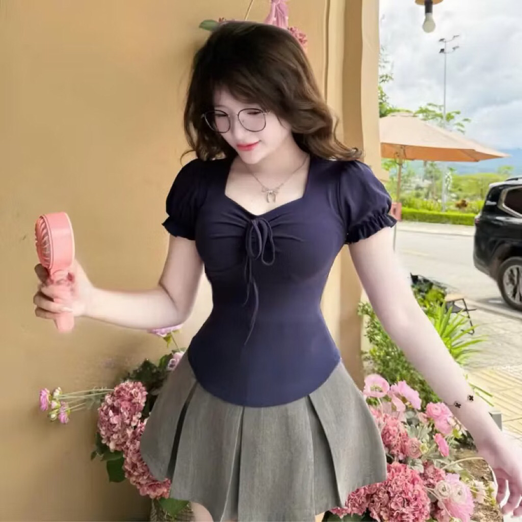 CÓ BIGSIZE - Áo nữ cổ vuông kiểu tiểu thư tay ngắn phối dây rút A260 | BigBuy360 - bigbuy360.vn