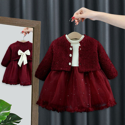 Set Thu Đông Váy Voan Tay Dài Khoác Dạ Đỏ Nơ Cho Bé Gái 1-5 Tuổi MINTSCLOSET Quảng Châu - GS1445