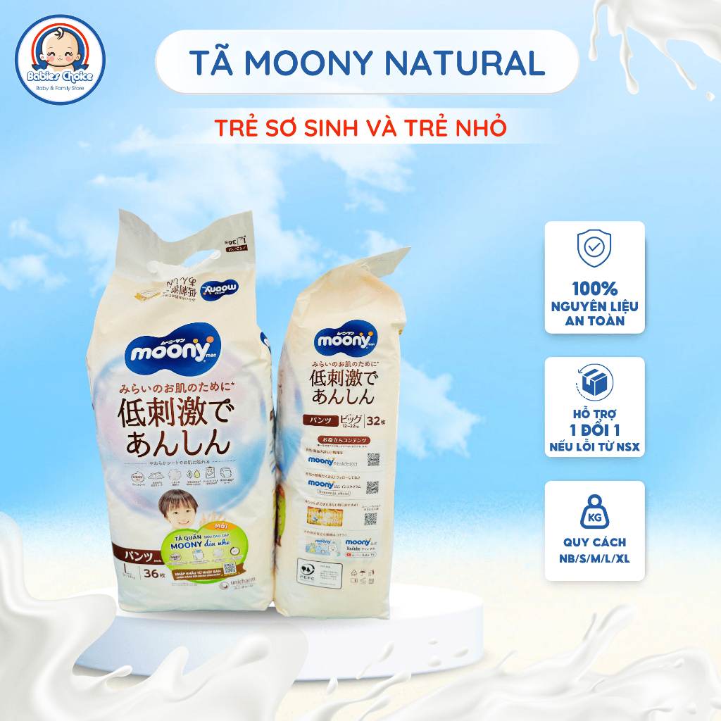 Tã Bỉm Quần MOONY NATURAL 100% Sợi Bông Thiên Nhiên Mỏng Nhẹ Bé Dễ Dàng Hoạt Động