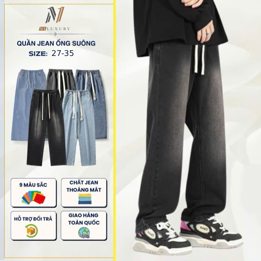Quần jean nam nữ baggy CẠP CHUN BẢN TO ống rộng N1LUXUR CẠP CAO phom Suông Chỉnh Eo Chất Bò cao cấp 
