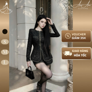  Ann Ann Clothing- Set dạ xích áo dài tay ngắn tay màu đen bling kim sa óng ánh + quần ngắn sang chảnh quyến rũ chuẩn ảnh 