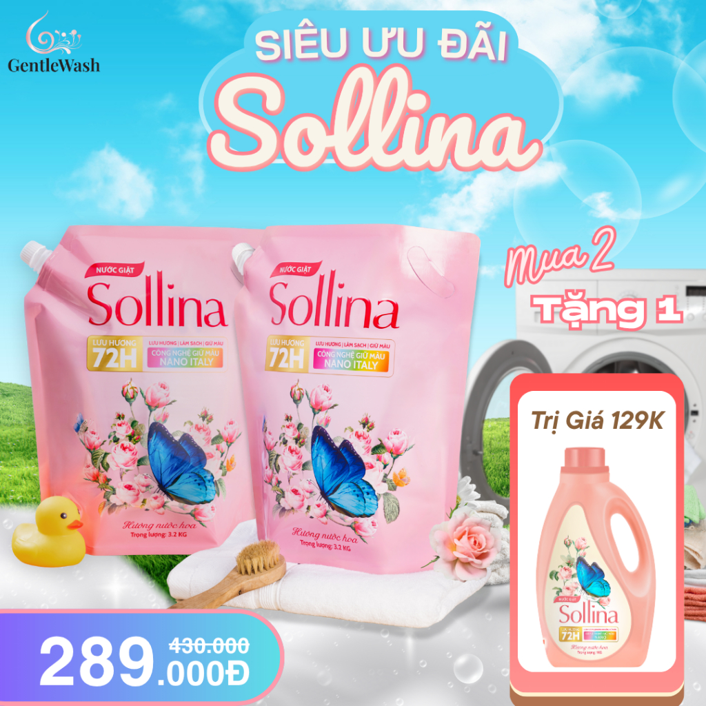 [Mua 2 tặng 1] Combo 2 Túi Nước Giặt Quần Áo Sollina 3,2KG Tặng chai 1L- Hương Nước Hoa Ý,Lưu Hương 