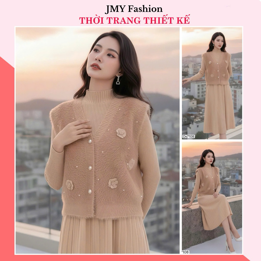 Ds7108 Set váy len be dáng xòe dài tay kèm áo ghile lông nữ tính [Dolce Viva Colection (DVC/ACC)]