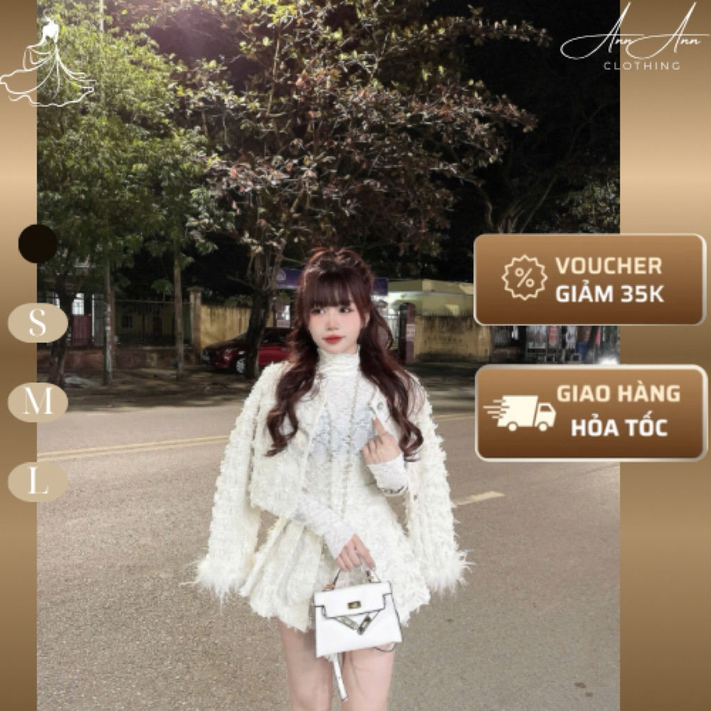 Ann Ann Clothing- Set váy nữ dạ trắng áo khoác tay lông kèm chân váy xếp ly, áo dài tay khuy đá mix 