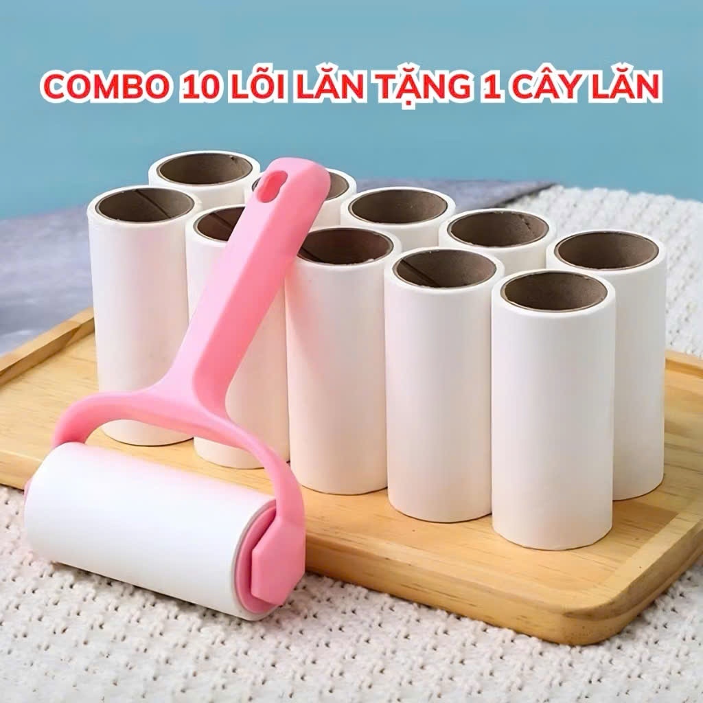 Combo Cây Lăn Bụi + 10 Lõi Lăn, Lăn Bụi Quần Áo, Ga Giường, Sofa, Lăn Lông Chó Mèo Loại 10cm Có Lõi 