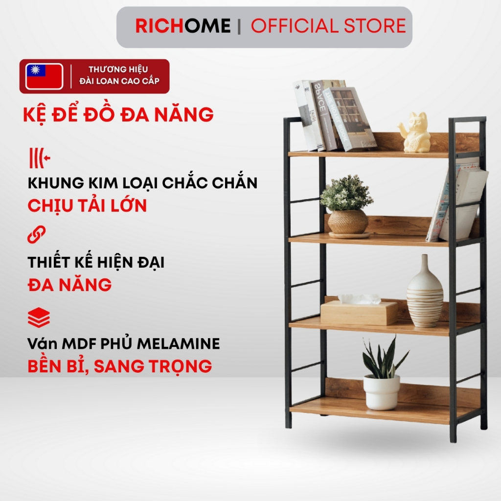 Kệ để đồ đa năng 4 tầng, Kệ trưng bày RICHOME SH517-1 ván gỗ phủ melamin cao cấp tiêu chuẩn Đài Loan