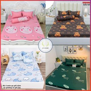 Bộ ga gối poly cotton 4 món ga 2 vỏ gối và vỏ gối ôm nhiều màu đáng yêu sắc nét  Bo chun m2 m4 m6 m8