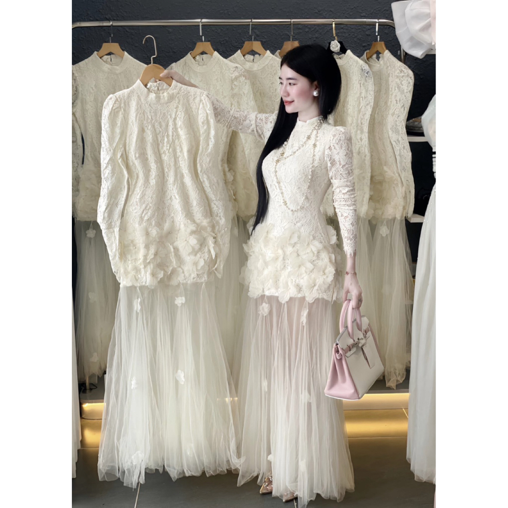 [SẴN SHIP]VÁY REN CỔ TRÒN TAY DÀI ĐÍNH HOA PHỐI LƯỚI DÁNG XOÈ DÀI VÁY TIỂU THƯ ĐI CHƠI ĐI TIỆC SANG 