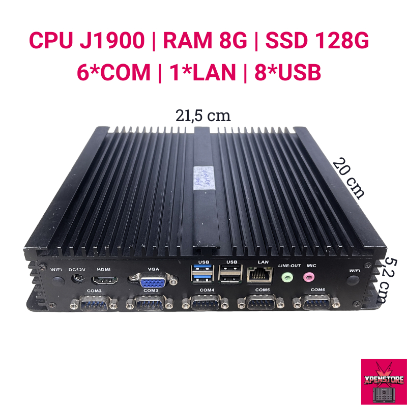 Máy tính công nghiệp không quạt J1900 | RAM 8G | SSD 128G | 6 COM | LAN Gigabit | Fanless Mini PC 12