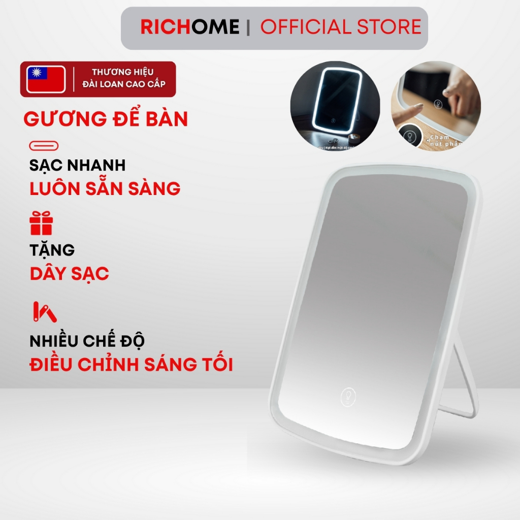 Gương để bàn trang điểm RICHOME MR148. Gương decor có đèn LED, chân chống, nút cảm biến tắt bật