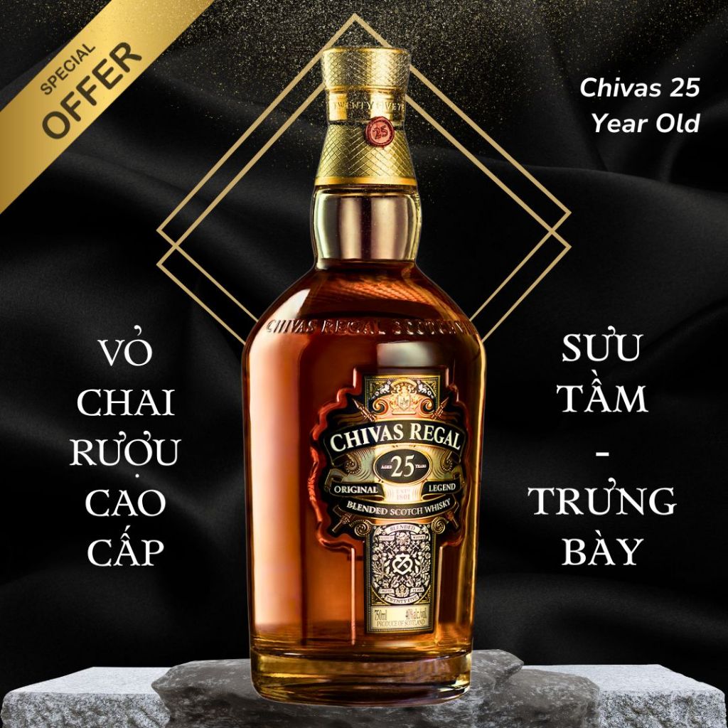 [DECOR] Vỏ chai rượu cao cấp Chivas Regal 25 làm đồ trưng bày, decor bàn làm việc, quà tặng