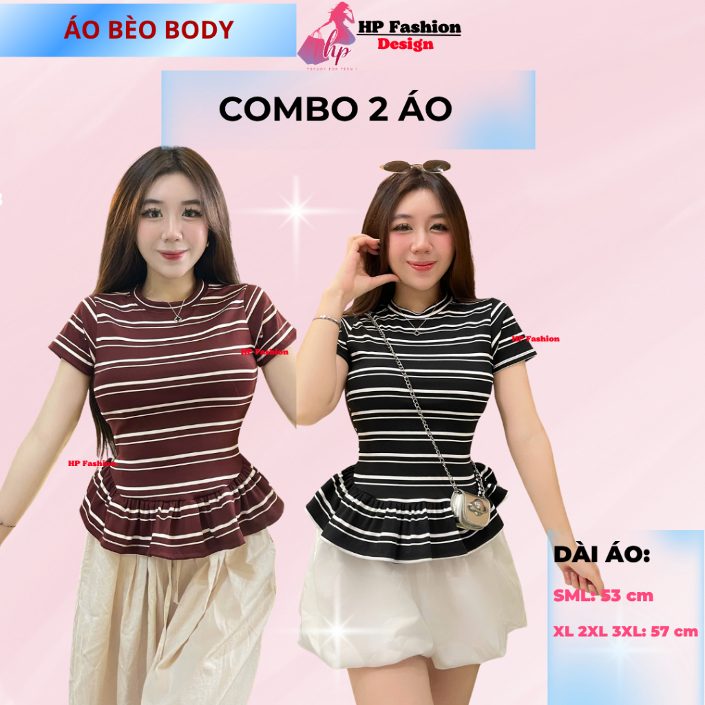 Áo thun tay ngắn sọc viền lai bèo nữ chiết eo basic cổ tròn, áo phông nữ ôm body cộc ngắn tay vải cao cấp HP67 | BigBuy360 - bigbuy360.vn