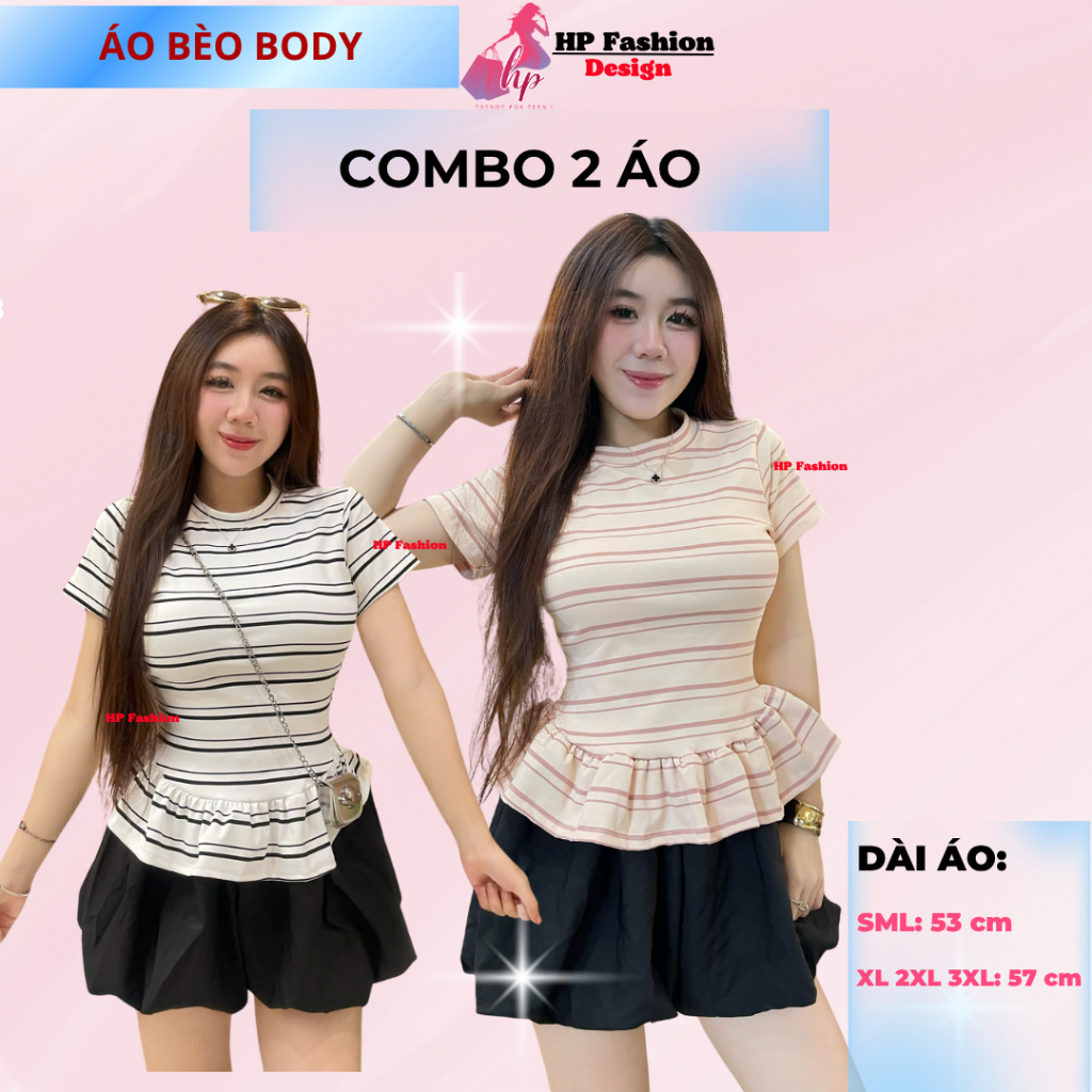 Áo thun tay ngắn sọc viền lai bèo nữ chiết eo basic cổ tròn, áo phông nữ ôm body cộc ngắn tay vải cao cấp HP67 | BigBuy360 - bigbuy360.vn