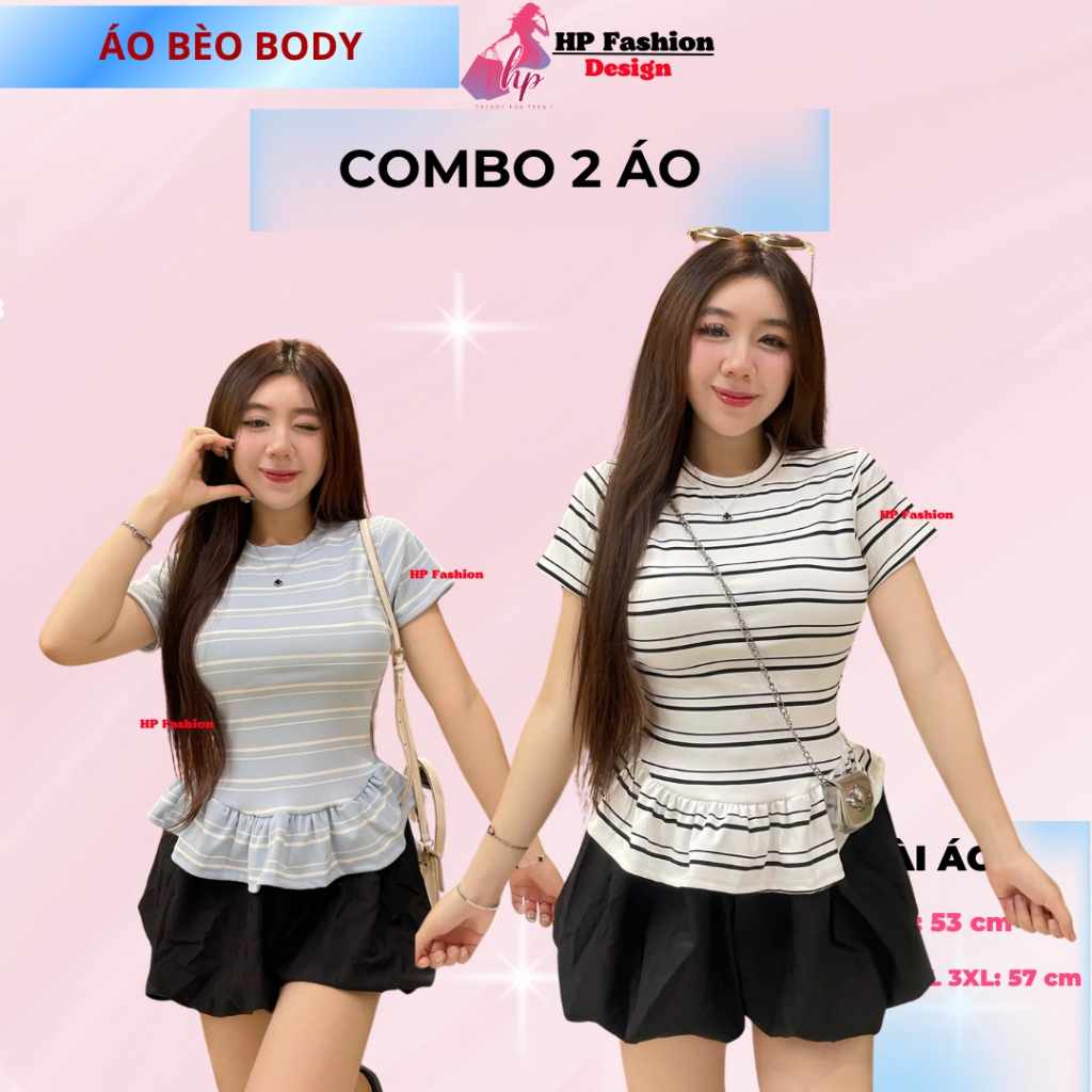 Áo thun tay ngắn sọc viền lai bèo nữ chiết eo basic cổ tròn, áo phông nữ ôm body cộc ngắn tay vải cao cấp HP67 | BigBuy360 - bigbuy360.vn
