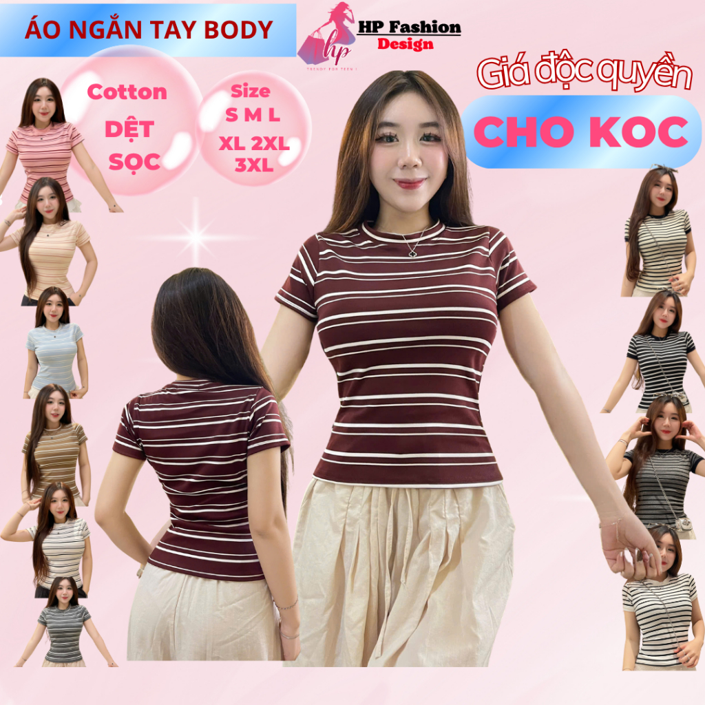 Áo thun sọc viền nữ chiết eo basic cổ tròn, áo phông nữ ôm body cộc ngắn tay HP52 | BigBuy360 - bigbuy360.vn
