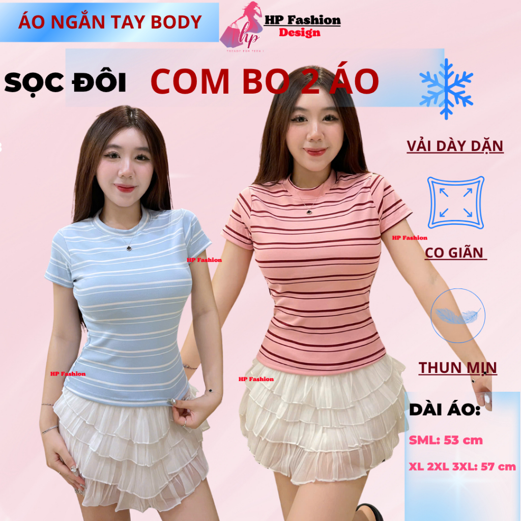 Áo thun sọc viền nữ chiết eo basic cổ tròn, áo phông nữ ôm body cộc ngắn tay HP52 | BigBuy360 - bigbuy360.vn