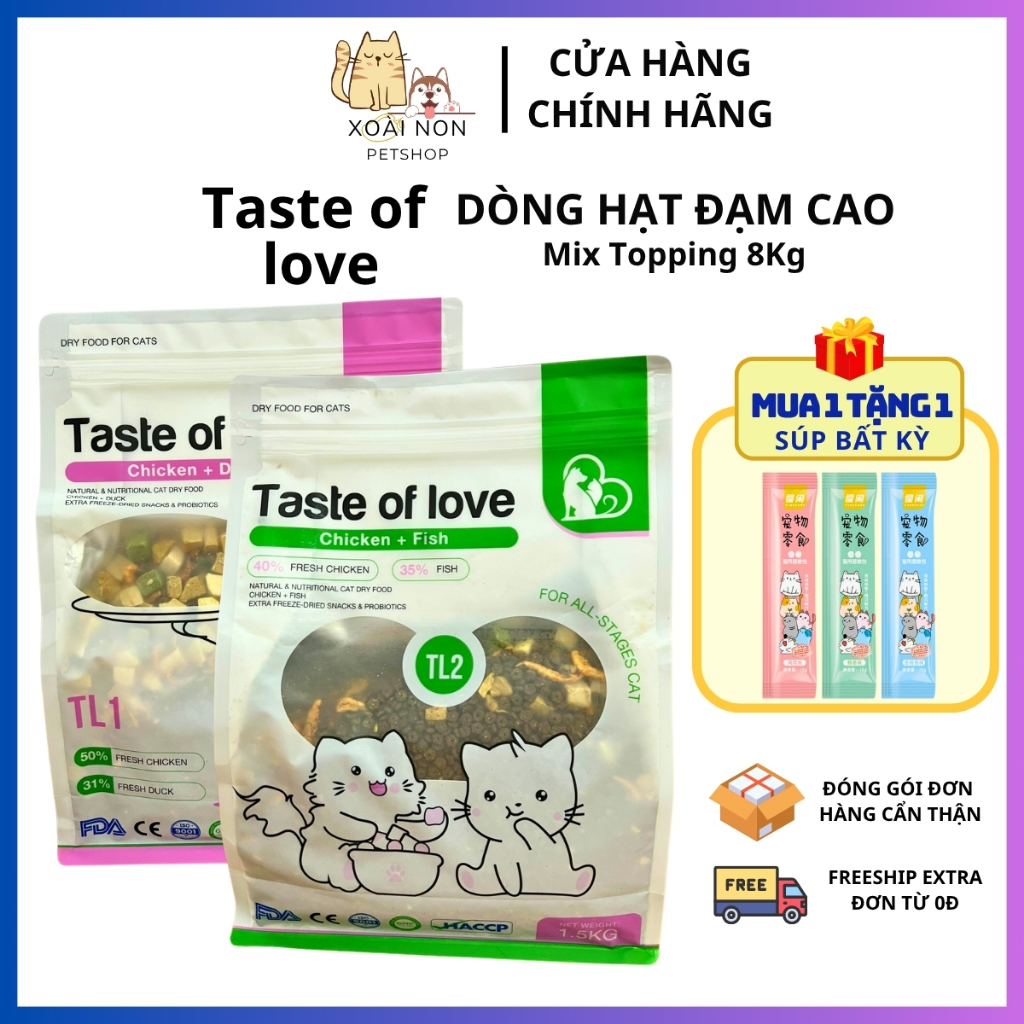 Hạt Taste Of Love ~ 40% Protein Mix Topping Hạt Không Độn Ngũ Cốc, Dinh Dưỡng Cao Hạt Cho Mèo 1,5Kg