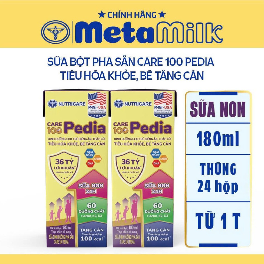 Sữa Care 100 Pedia Nutricare Sữa Mát Tiêu Hóa Khỏe Bé Tăng Cân Sữa Non Colos 24h (48 hộp)
