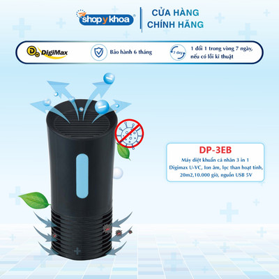 Máy Diệt Khuẩn Cá Nhân 3in1 Digimax DP-3EB Dùng Cho Xe Hơi, Bàn Làm Việc [UV-C, Ion Âm, Than Hoạt Tính], 20m2,10.000 giờ